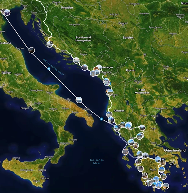 Routenbild Fähre von AT nach Griechenland und zurück durch Albanien, Montenegro und Kroatien