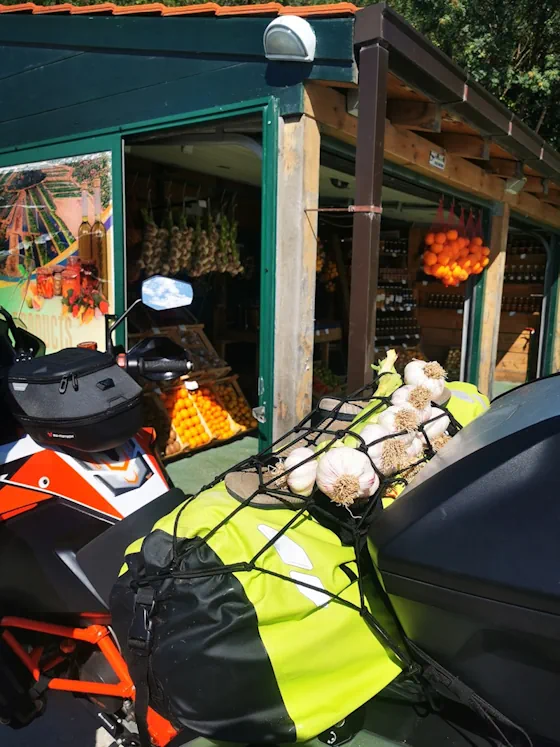 Knoblauch transportiert im Netz auf dem Motorrad